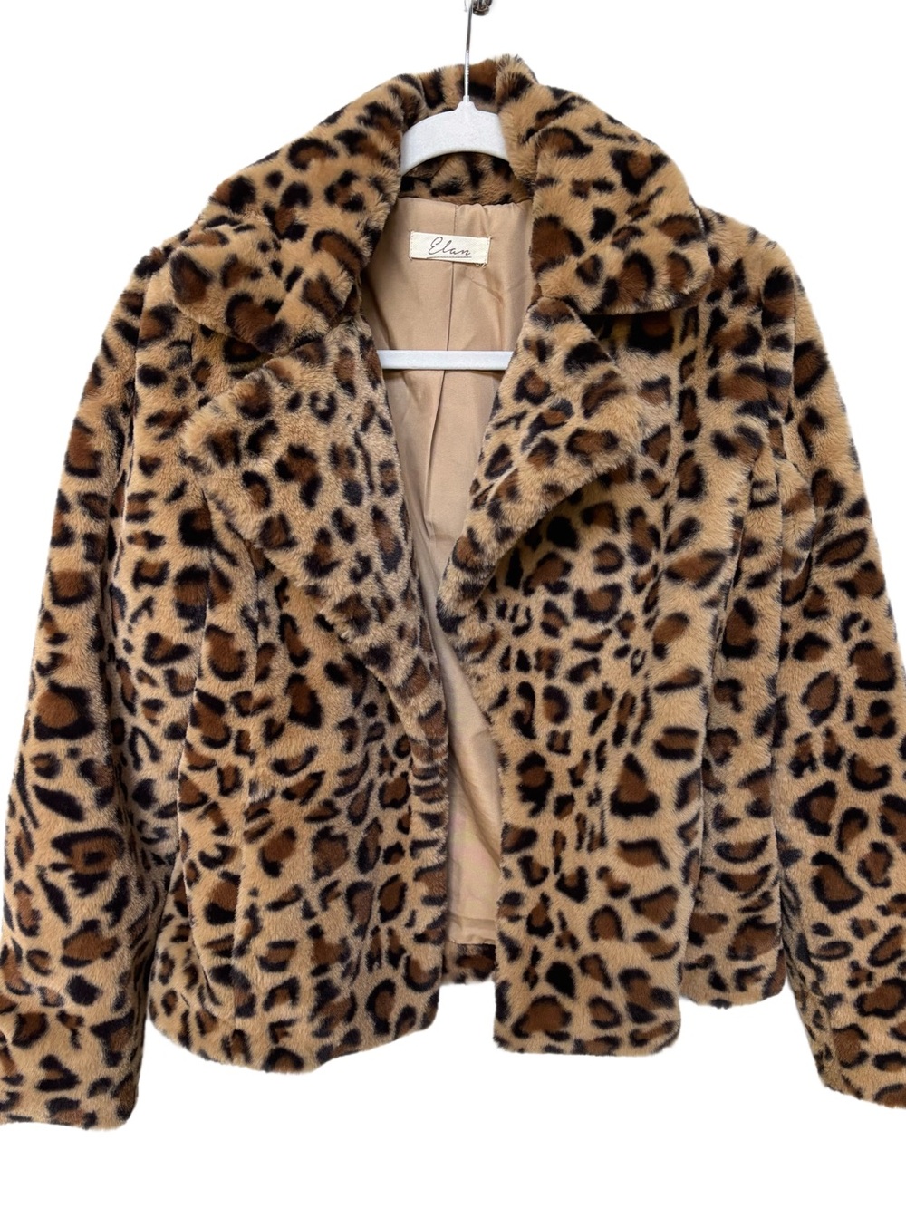 Elan Brown Leopard Short
Cropped Plush Faux Fur Jacket
Open Front Large